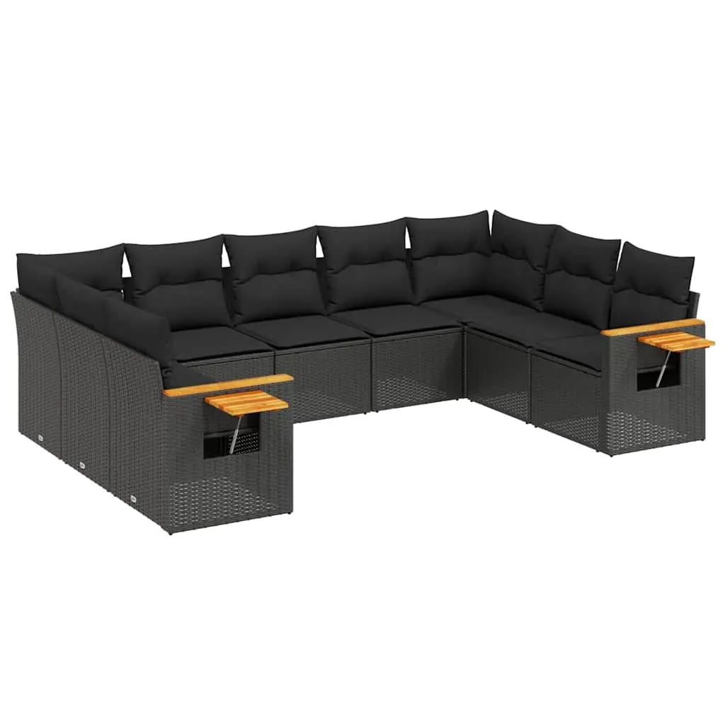 9 Piece Garden Sofa Set with Cushions Black Poly Rattan 3227112 - Furniture