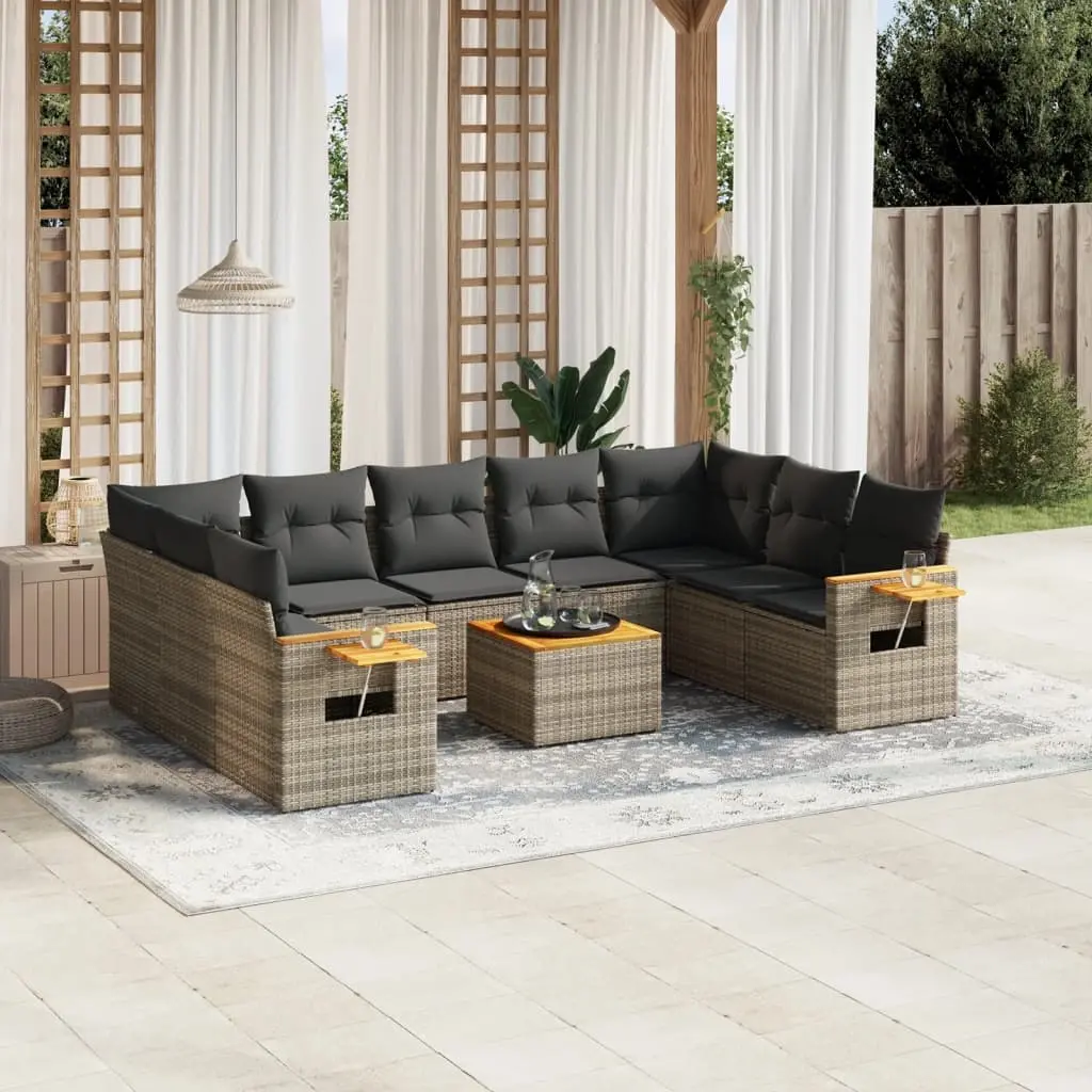 10 Piece Garden Sofa Set with Cushions Grey Poly Rattan 3227124 - Furniture