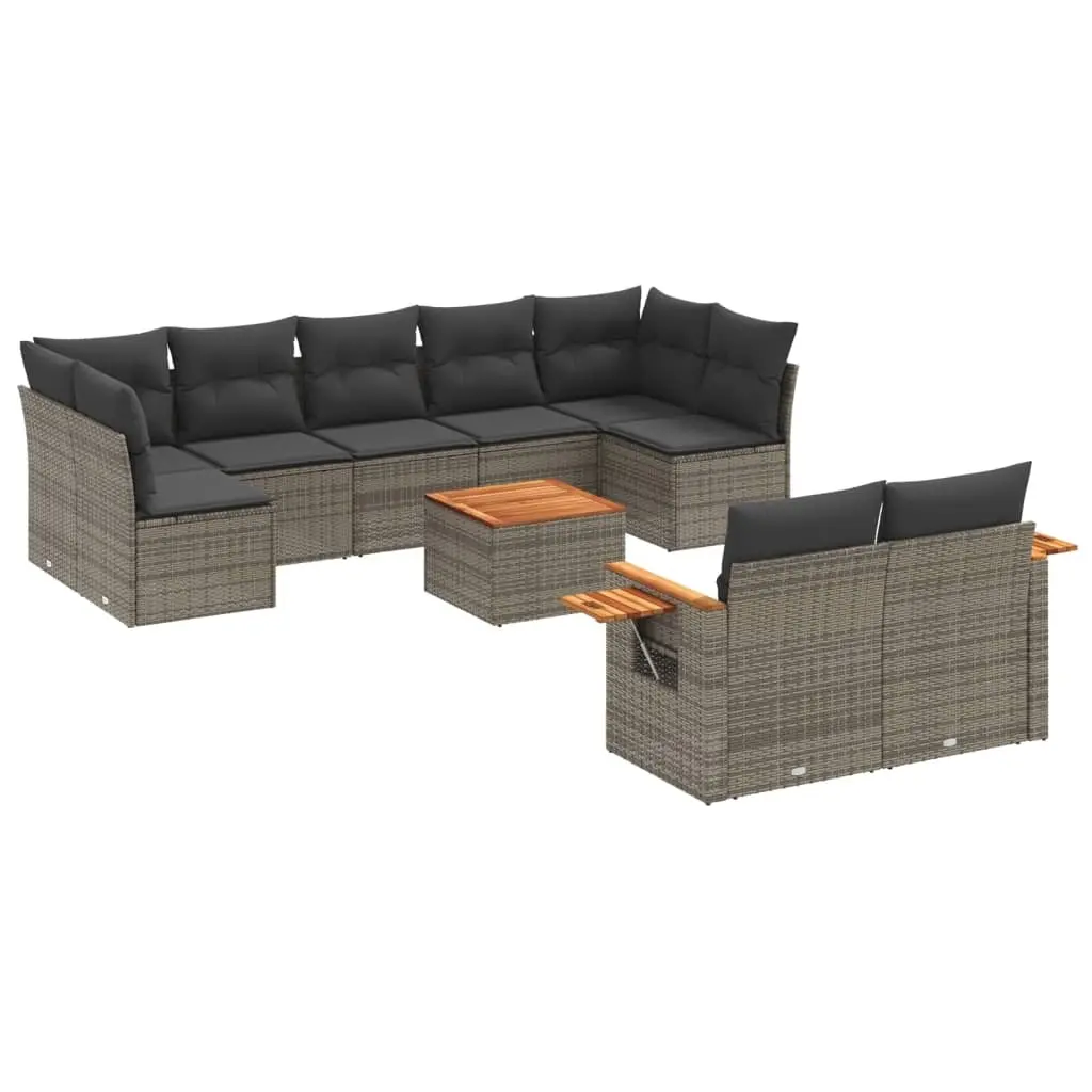 10 Piece Garden Sofa Set with Cushions Grey Poly Rattan 3227138 - Furniture