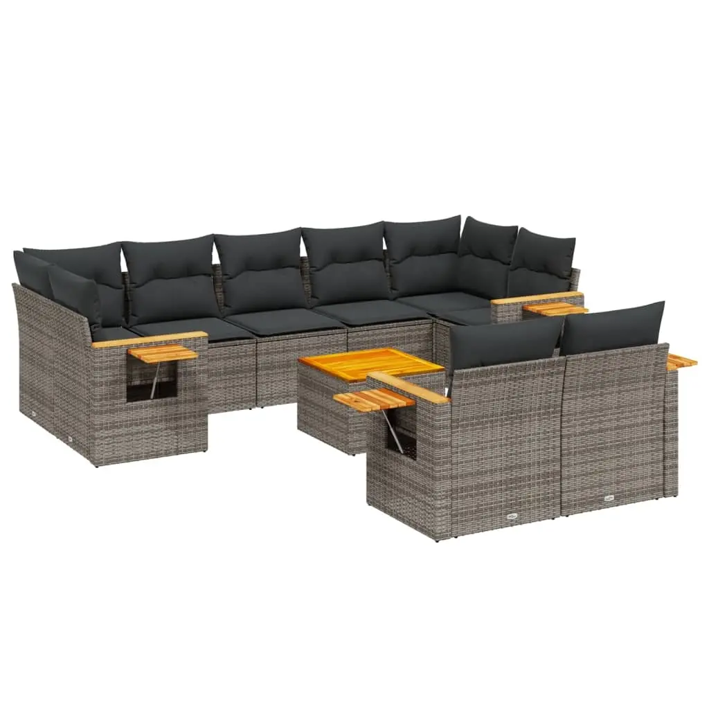 10 Piece Garden Sofa Set with Cushions Grey Poly Rattan 3227159 - Furniture