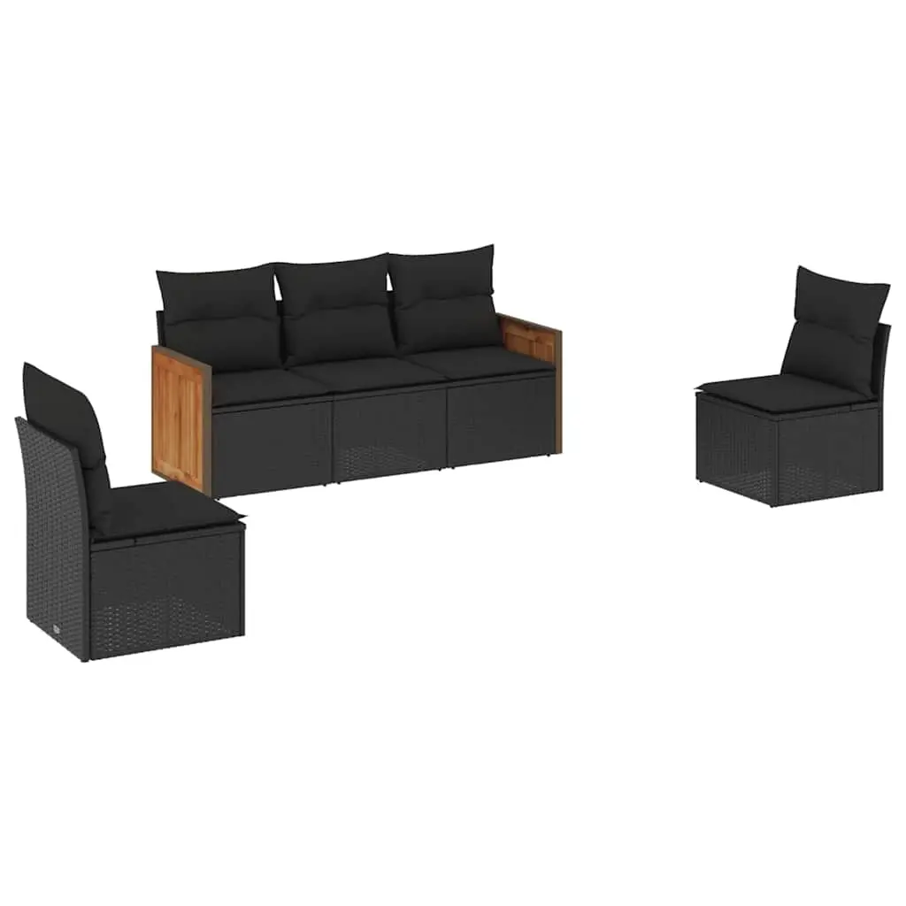 5 Piece Garden Sofa Set with Cushions Black Poly Rattan 3227525 - Furniture