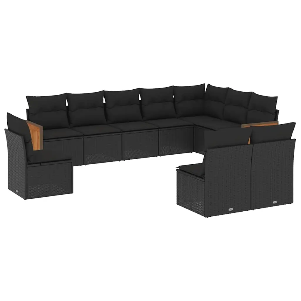 10 Piece Garden Sofa Set with Cushions Black Poly Rattan 3227749 - Furniture