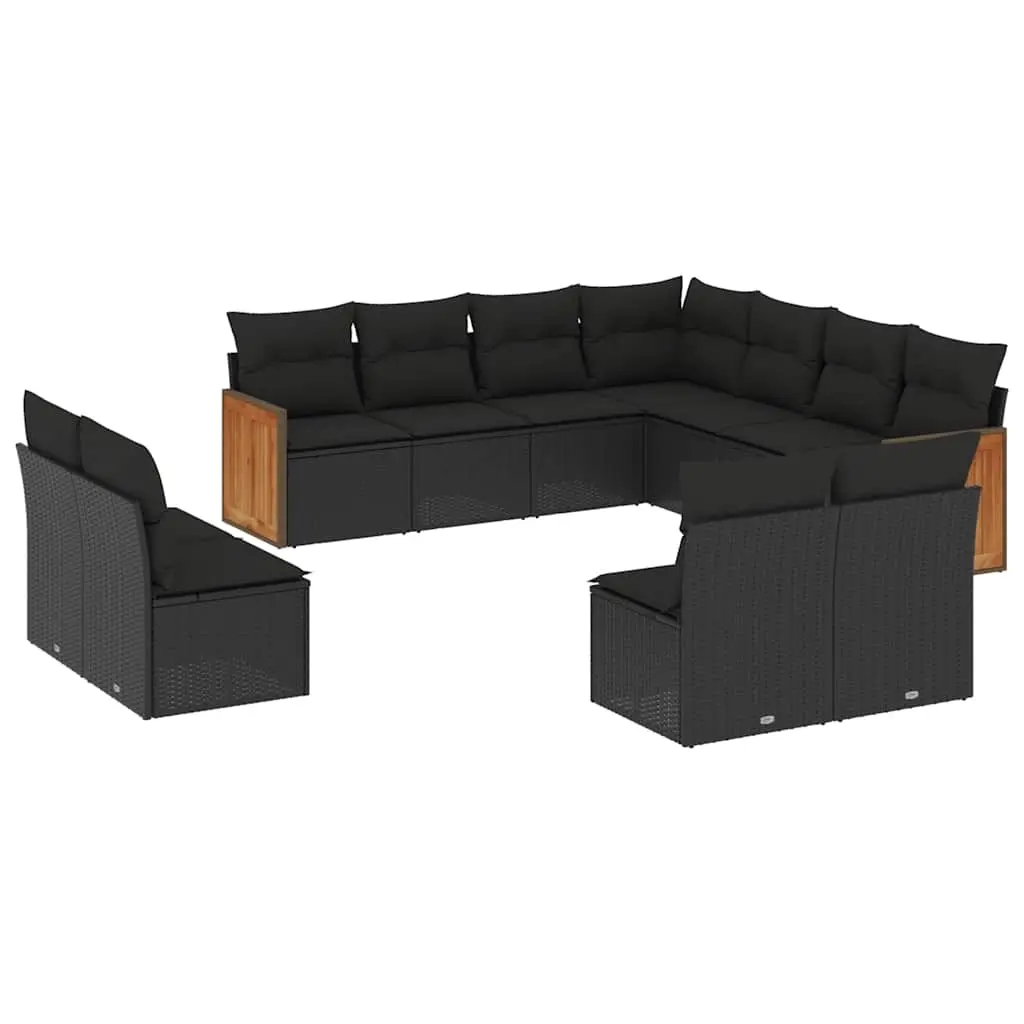 11 Piece Garden Sofa Set with Cushions Black Poly Rattan 3227763 - Furniture