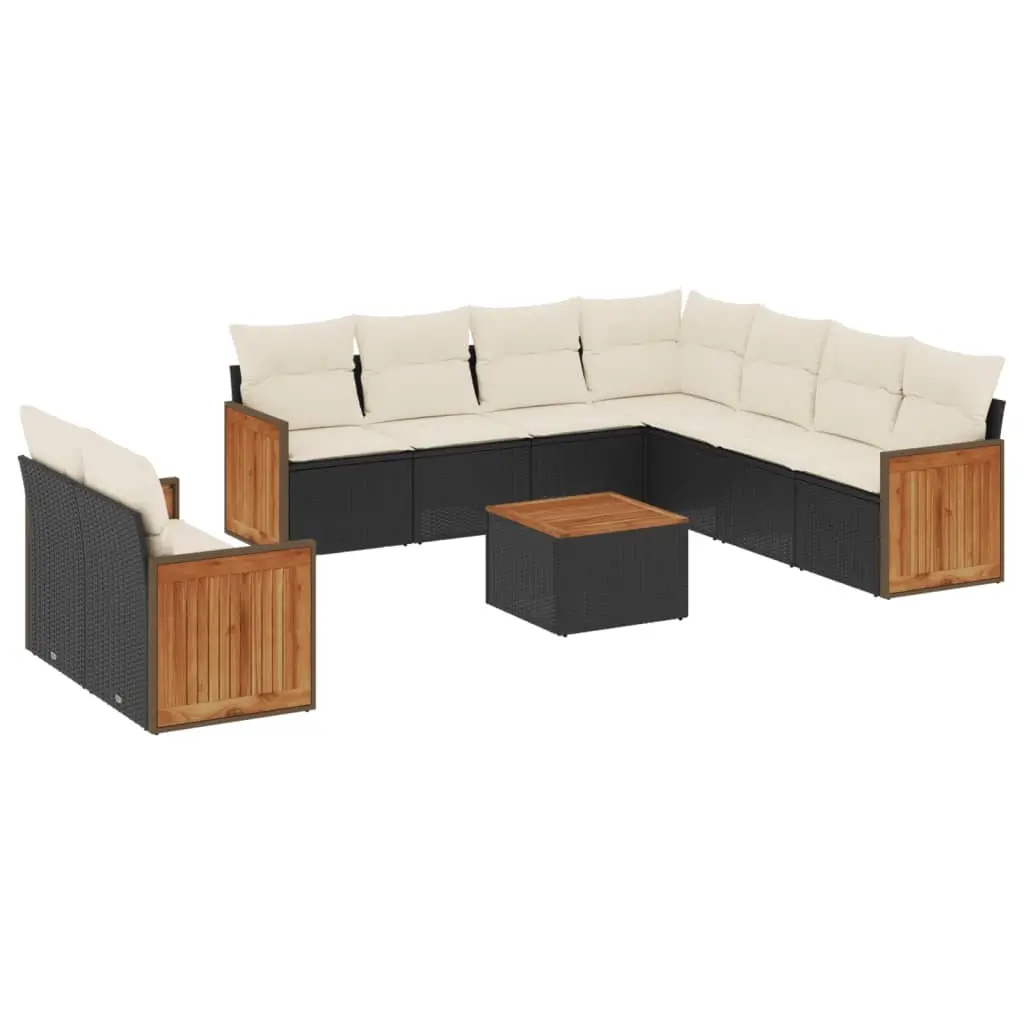 10 Piece Garden Sofa Set with Cushions Black Poly Rattan 3227785 - Furniture