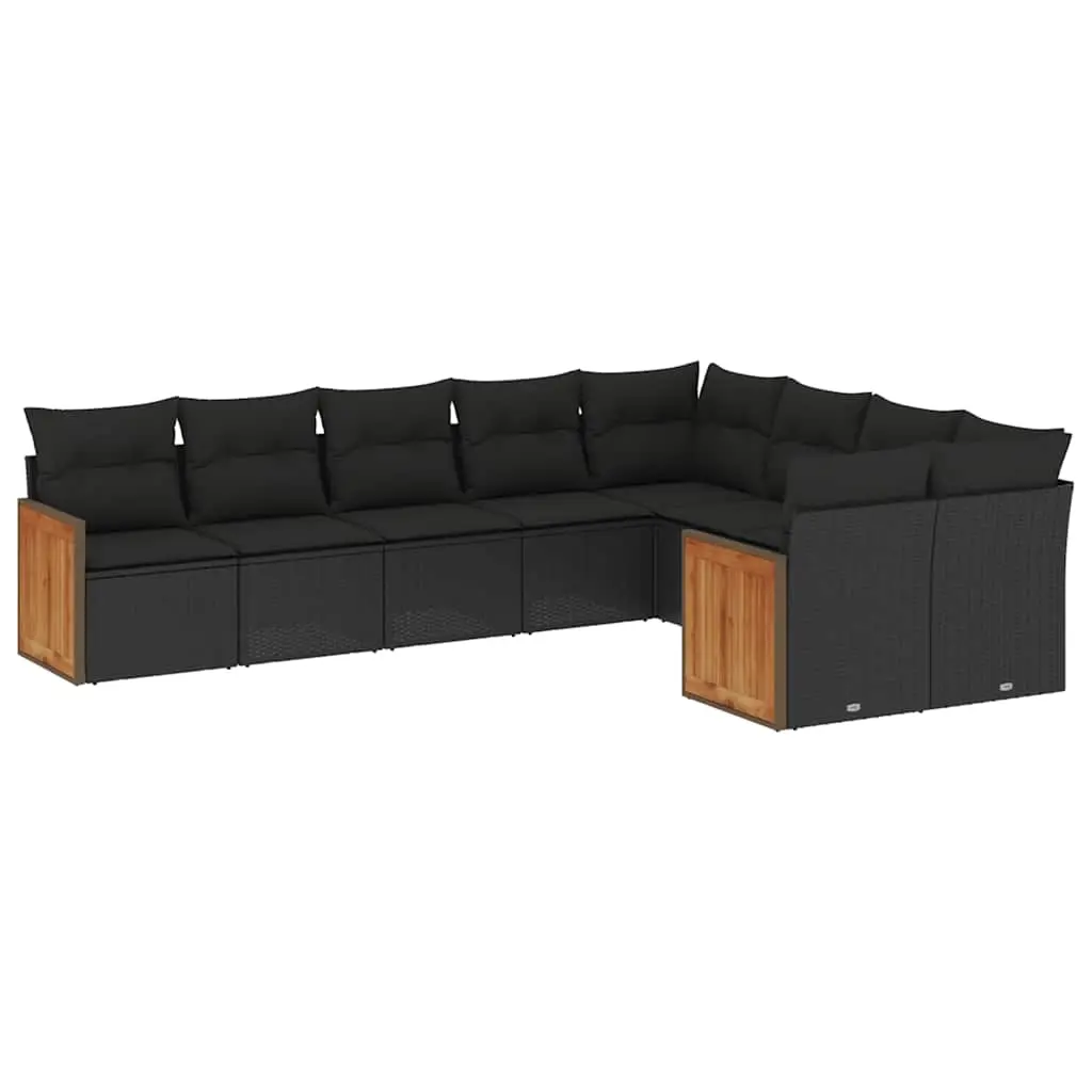 9 Piece Garden Sofa Set with Cushions Black Poly Rattan 3227980 - Furniture