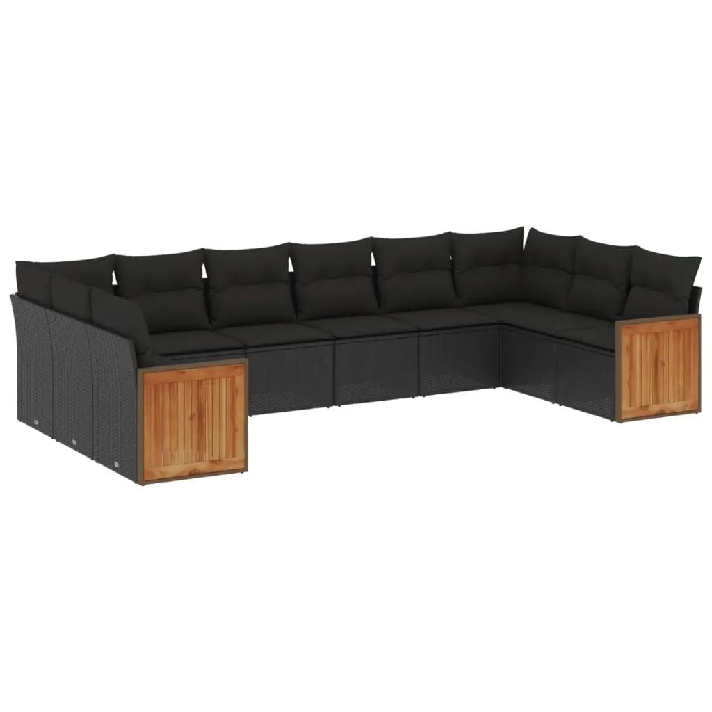 10 Piece Garden Sofa Set with Cushions Black Poly Rattan 3228001 - Furniture