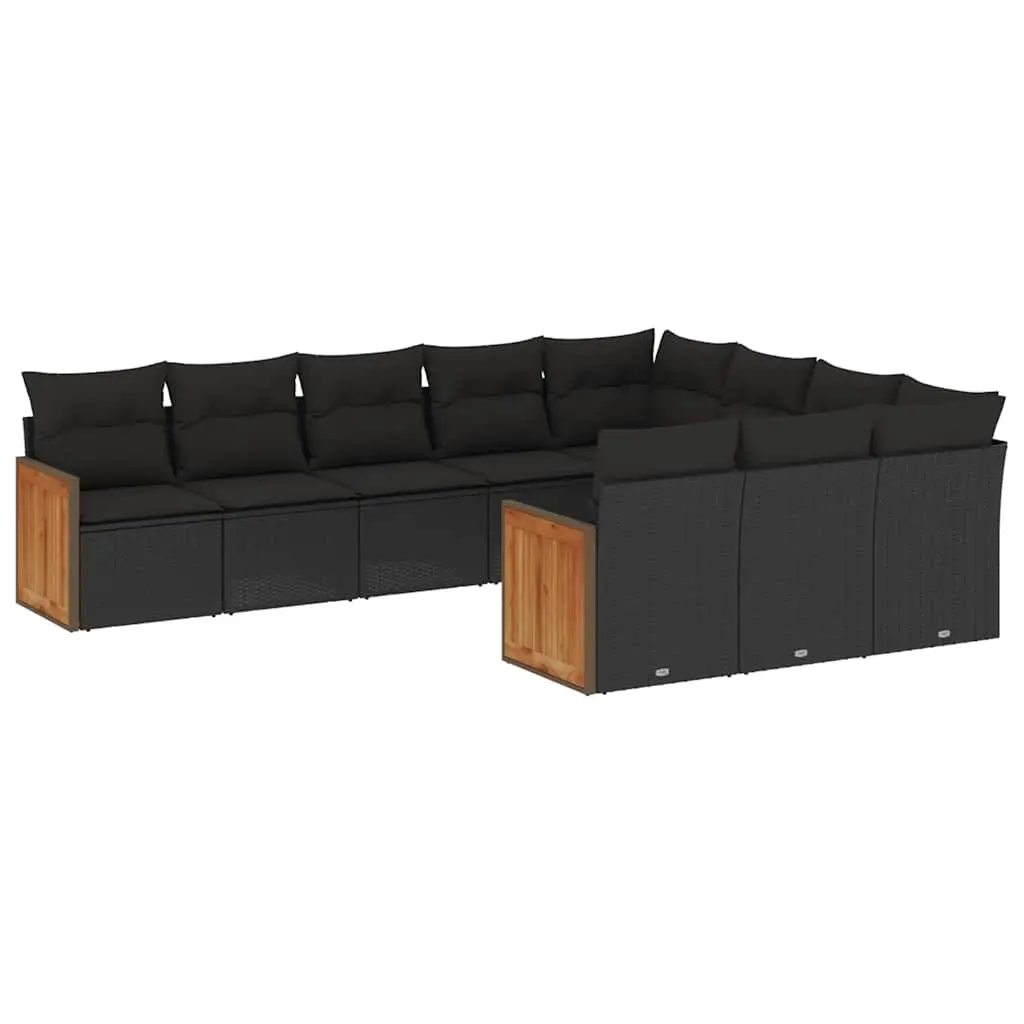 10 Piece Garden Sofa Set with Cushions Black Poly Rattan 3228015 - Furniture