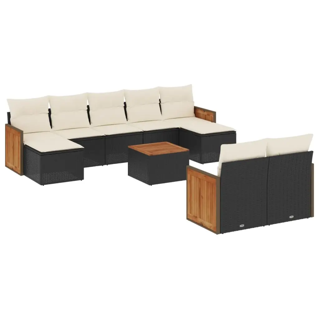 10 Piece Garden Sofa Set with Cushions Black Poly Rattan 3228086 - Furniture