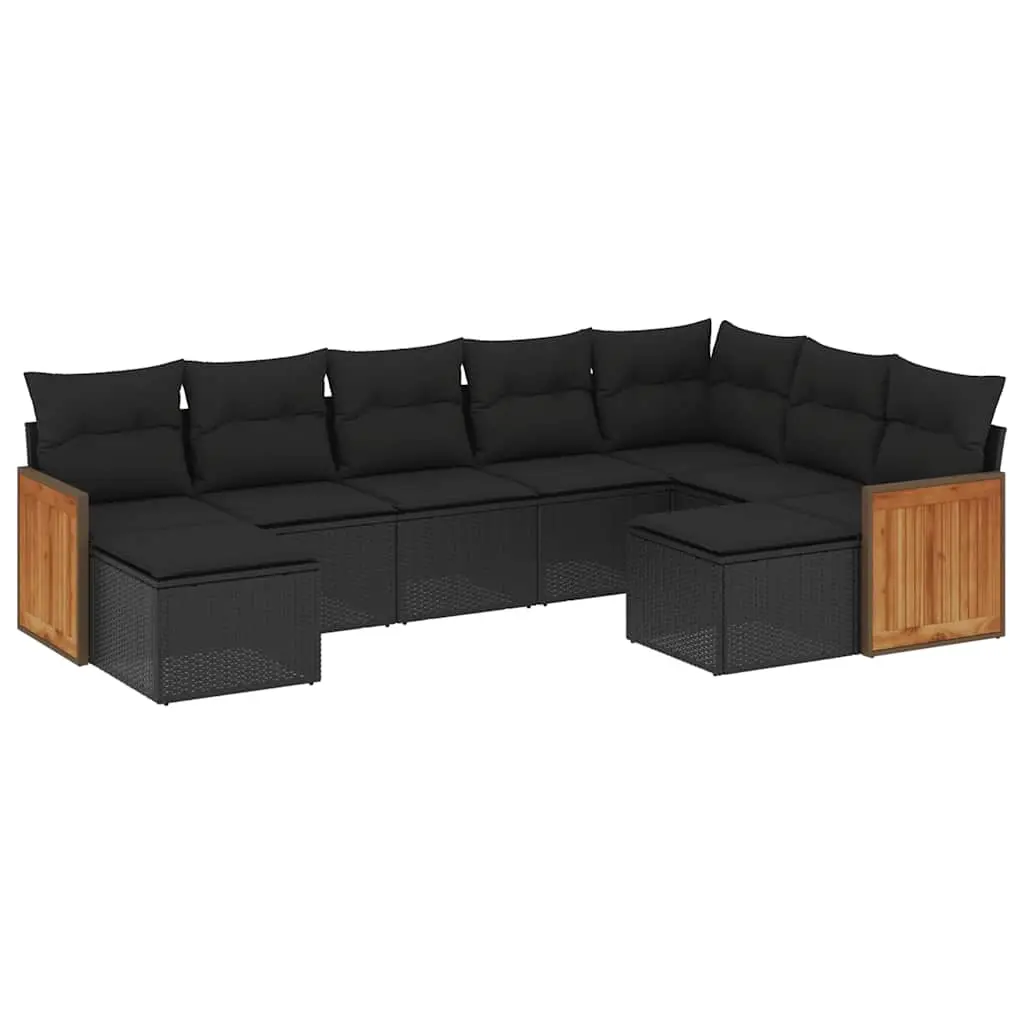 9 Piece Garden Sofa Set with Cushions Black Poly Rattan 3228218 - Furniture