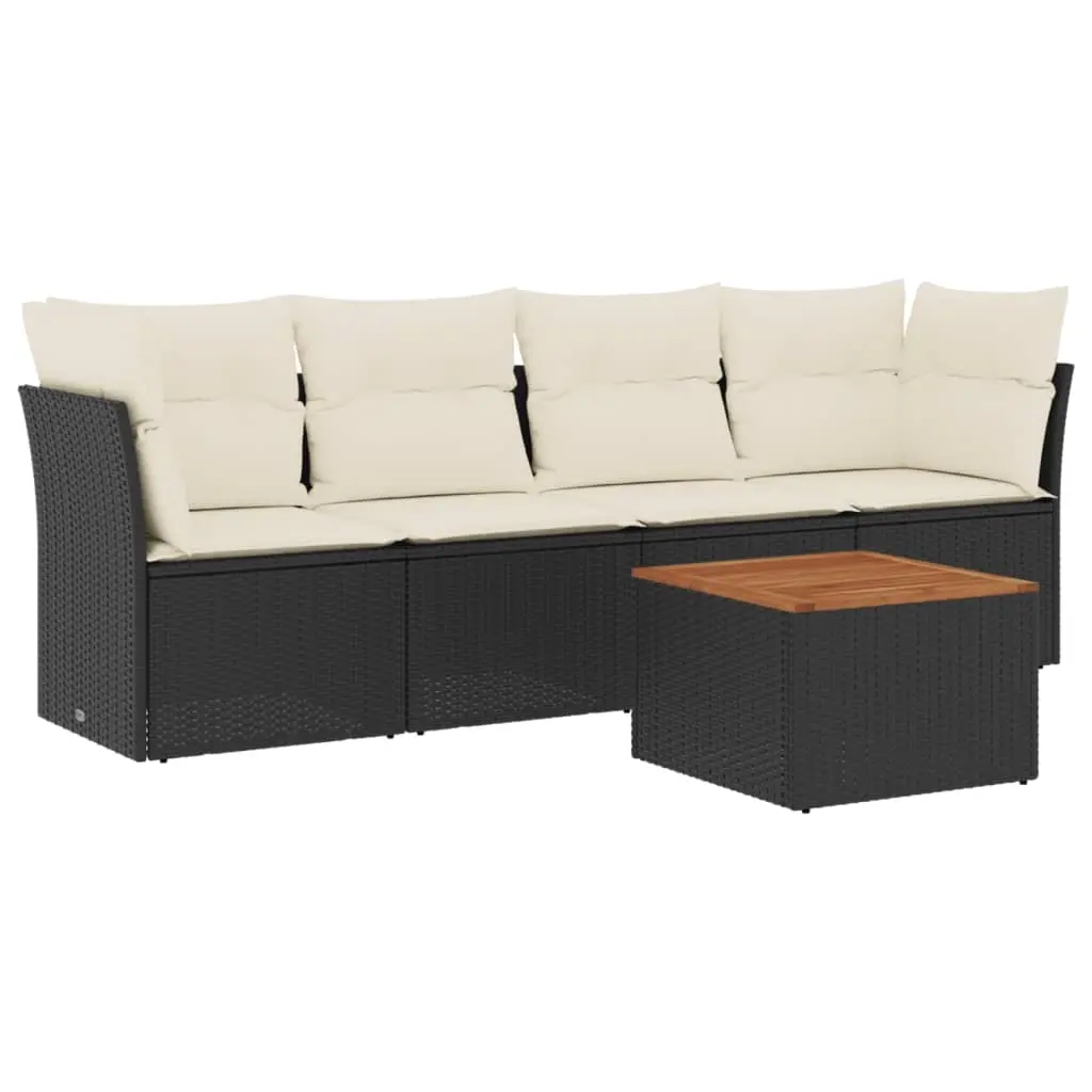 5 Piece Garden Sofa Set with Cushions Black Poly Rattan 3223473 - Furniture