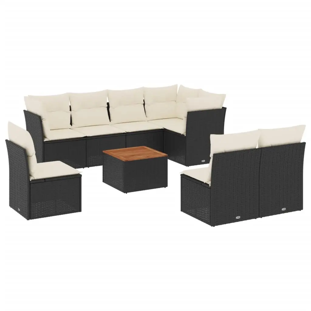 9 Piece Garden Sofa Set with Cushions Black Poly Rattan 3223683 - Furniture