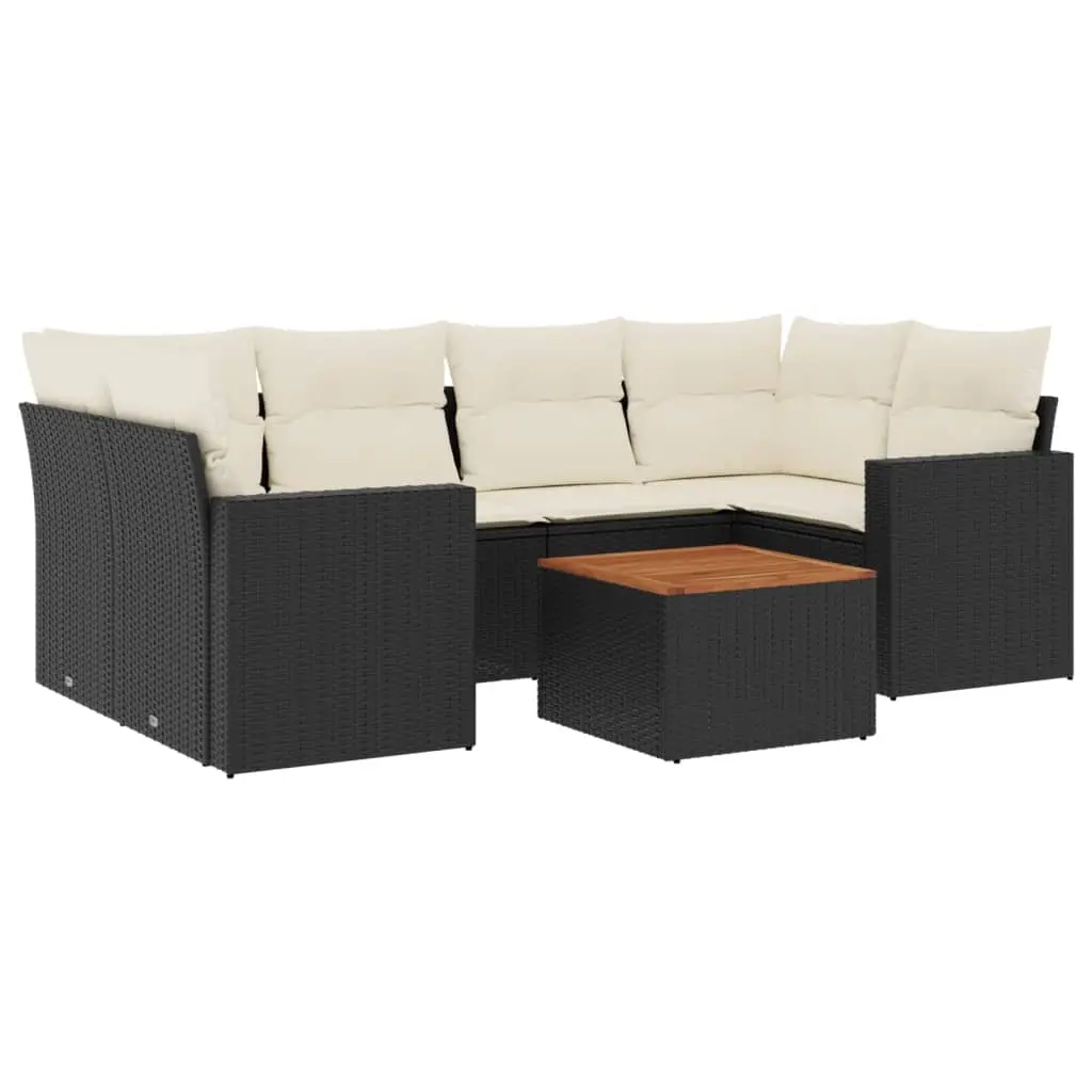 7 Piece Garden Sofa Set with Cushions Black Poly Rattan 3224019 - Furniture