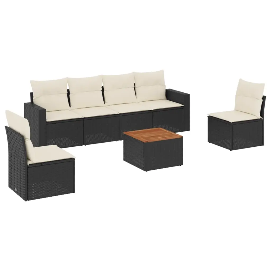 7 Piece Garden Sofa Set with Cushions Black Poly Rattan 3224068 - Furniture