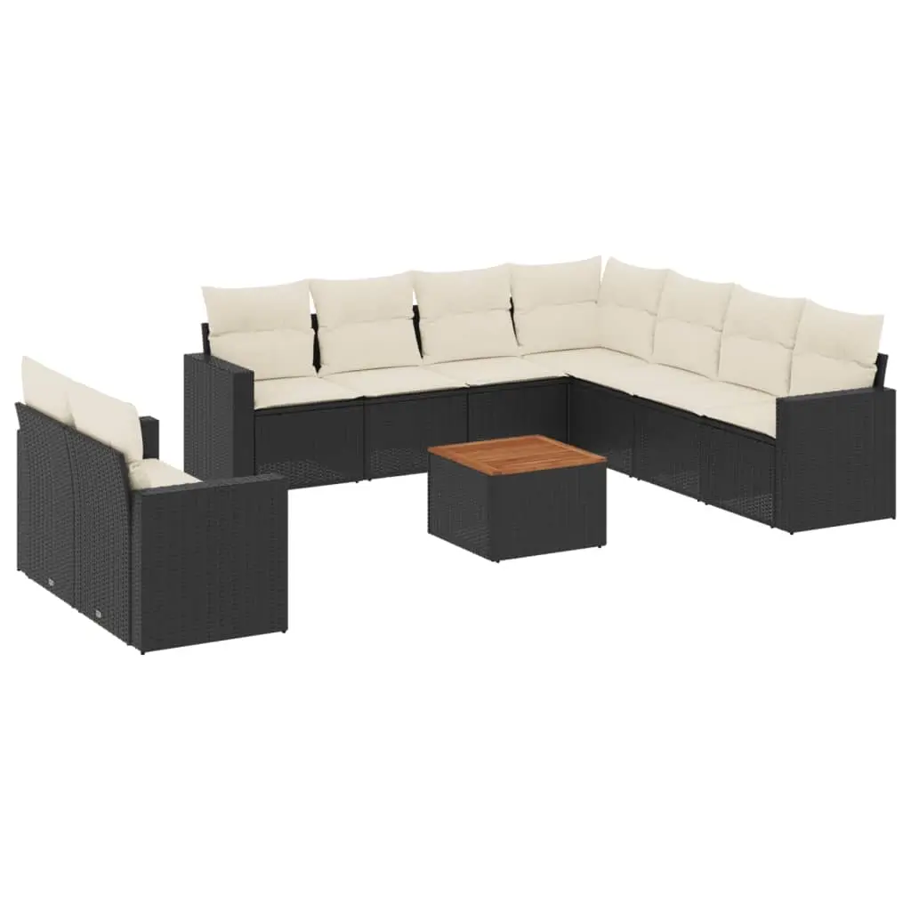 10 Piece Garden Sofa Set with Cushions Black Poly Rattan 3224187 - Furniture
