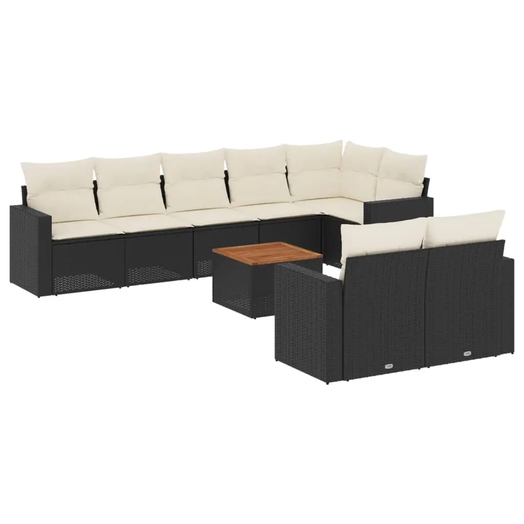 9 Piece Garden Sofa Set with Cushions Black Poly Rattan 3224208 - Furniture