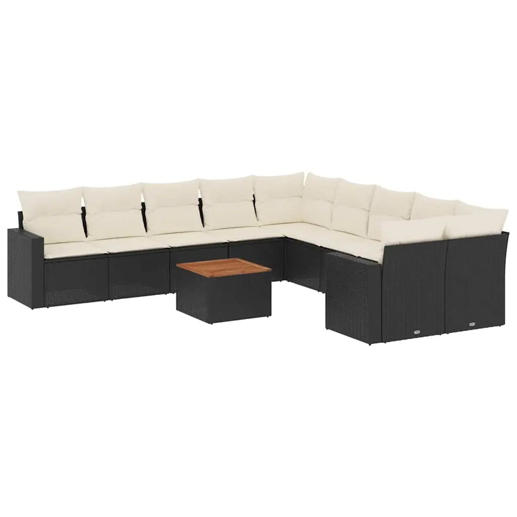 11 Piece Garden Sofa Set with Cushions Black Poly Rattan 3224313 - Furniture