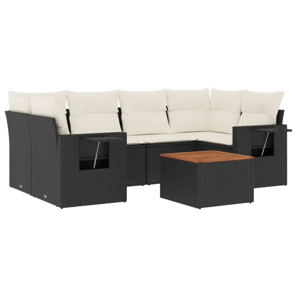 7 Piece Garden Sofa Set with Cushions Black Poly Rattan 3224460 - Furniture