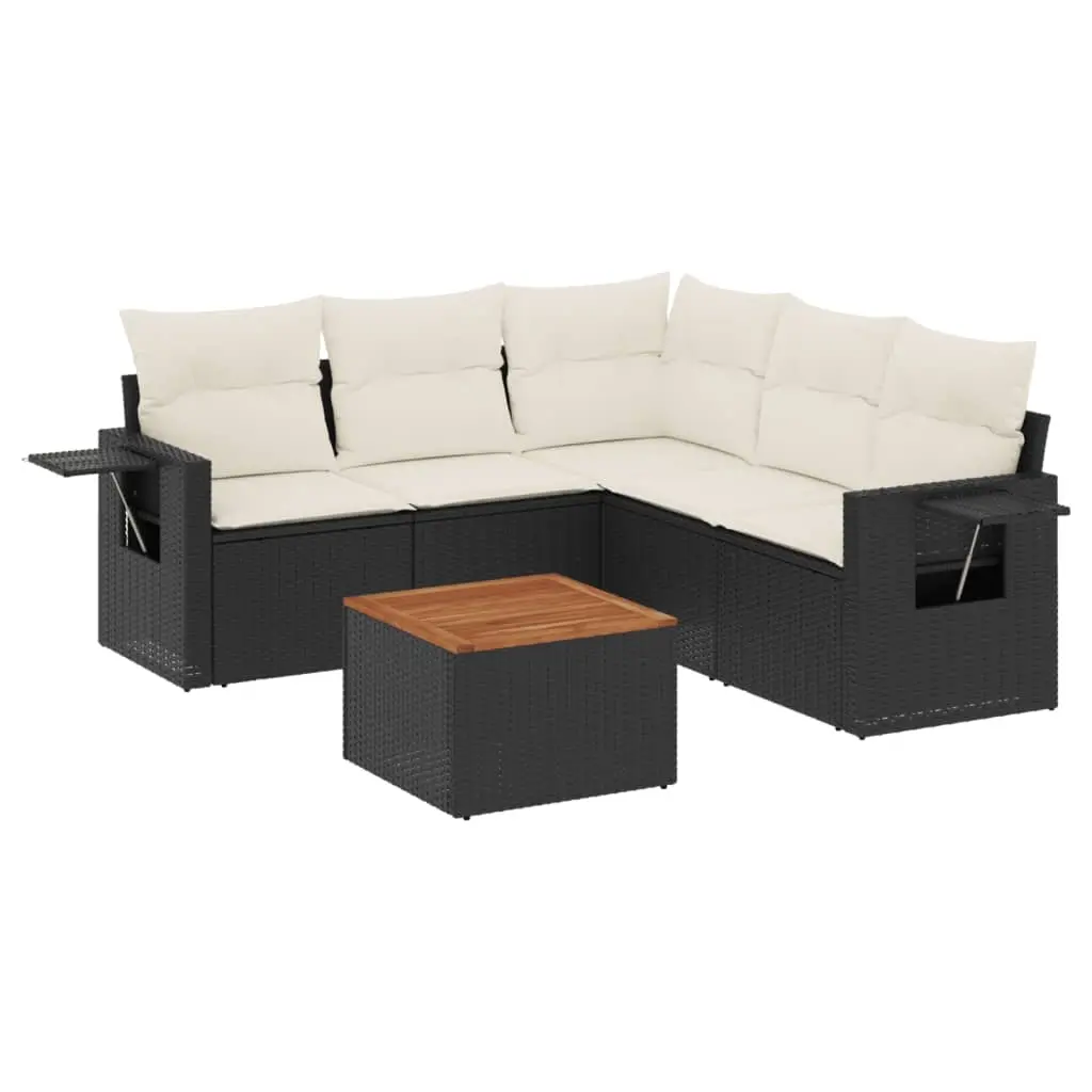 6 Piece Garden Sofa Set with Cushions Black Poly Rattan 3224558 - Furniture
