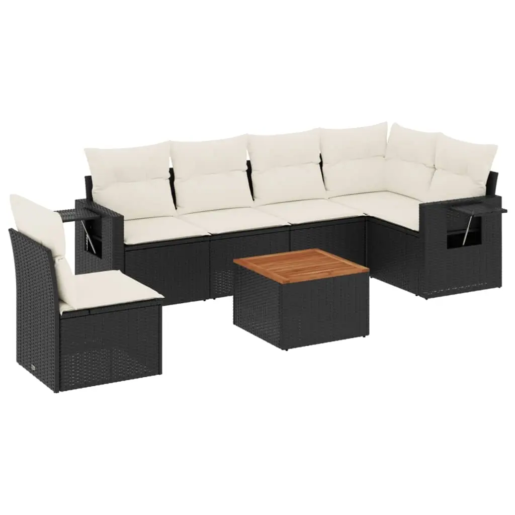 7 Piece Garden Sofa Set with Cushions Black Poly Rattan 3224586 - Furniture