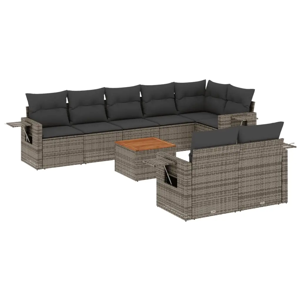 9 Piece Garden Sofa Set with Cushions Grey Poly Rattan 3224653 - Furniture