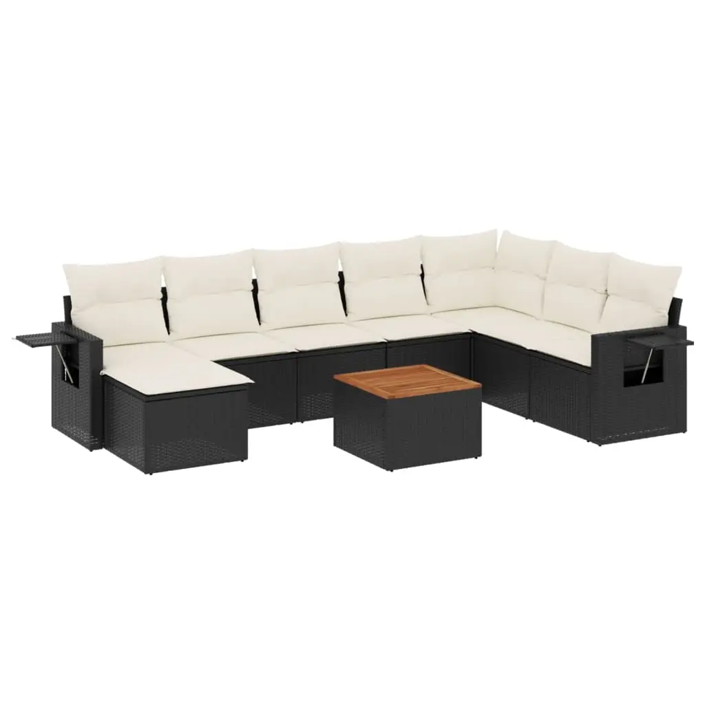 9 Piece Garden Sofa Set with Cushions Black Poly Rattan 3224698 - Furniture