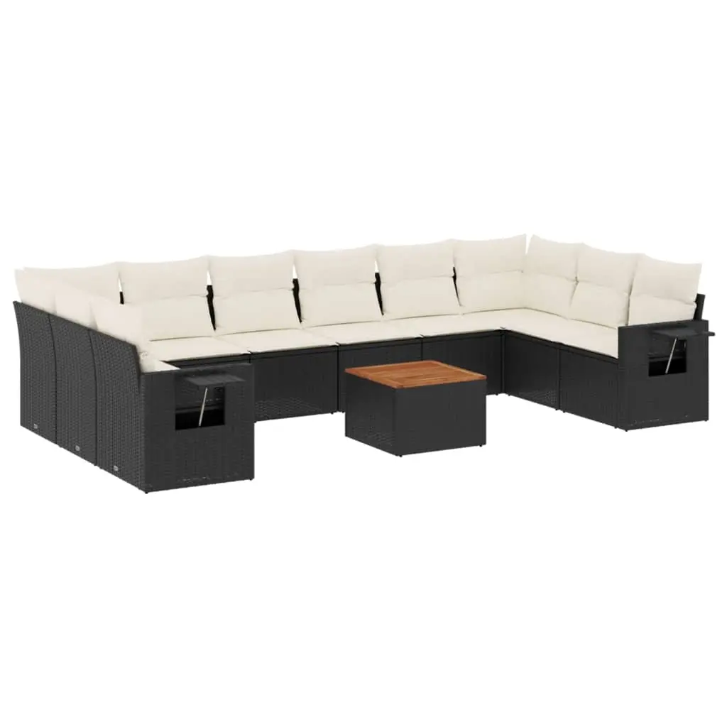11 Piece Garden Sofa Set with Cushions Black Poly Rattan 3224733 - Furniture