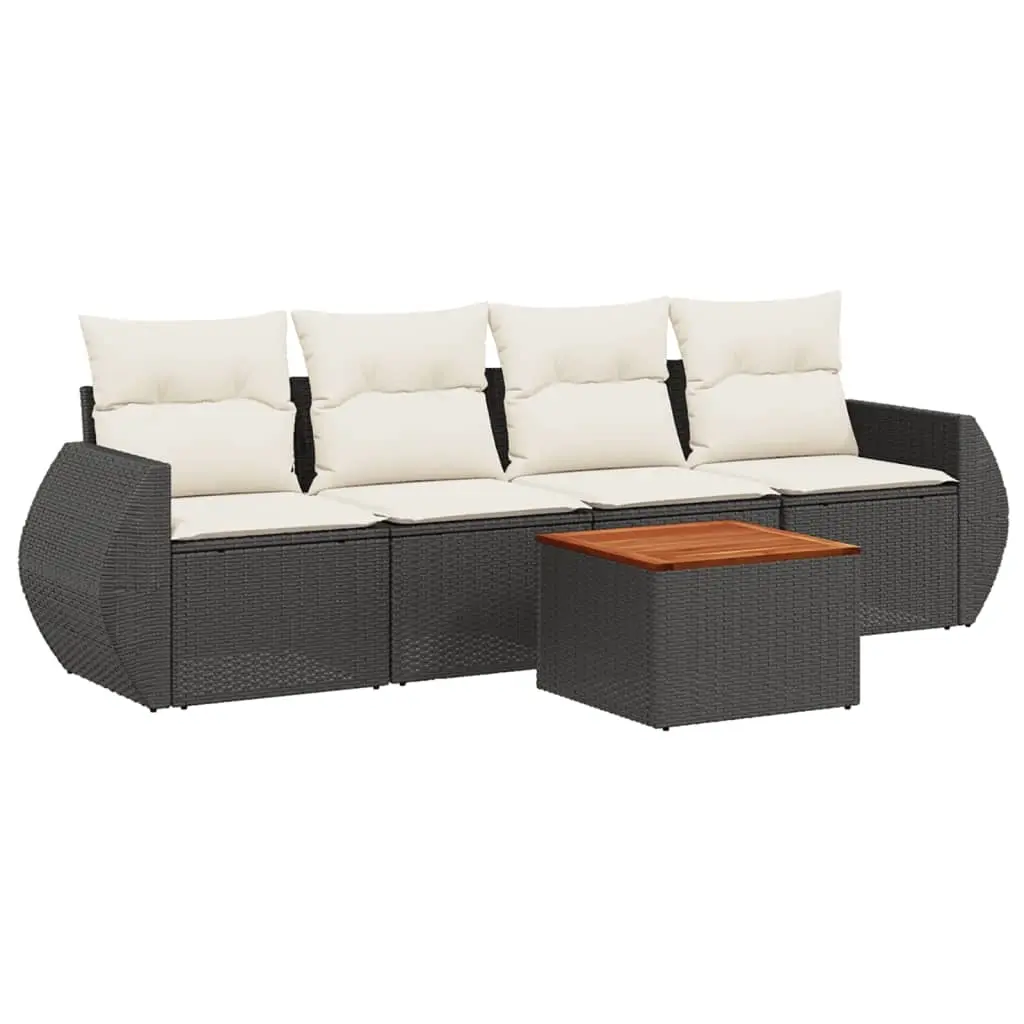 5 Piece Garden Sofa Set with Cushions Black Poly Rattan 3224880 - Furniture