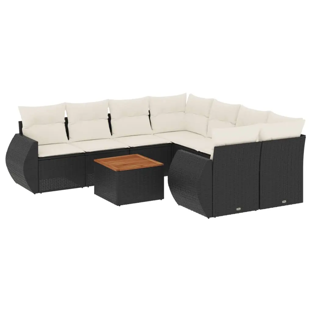 9 Piece Garden Sofa Set with Cushions Black Poly Rattan 3224929 - Furniture