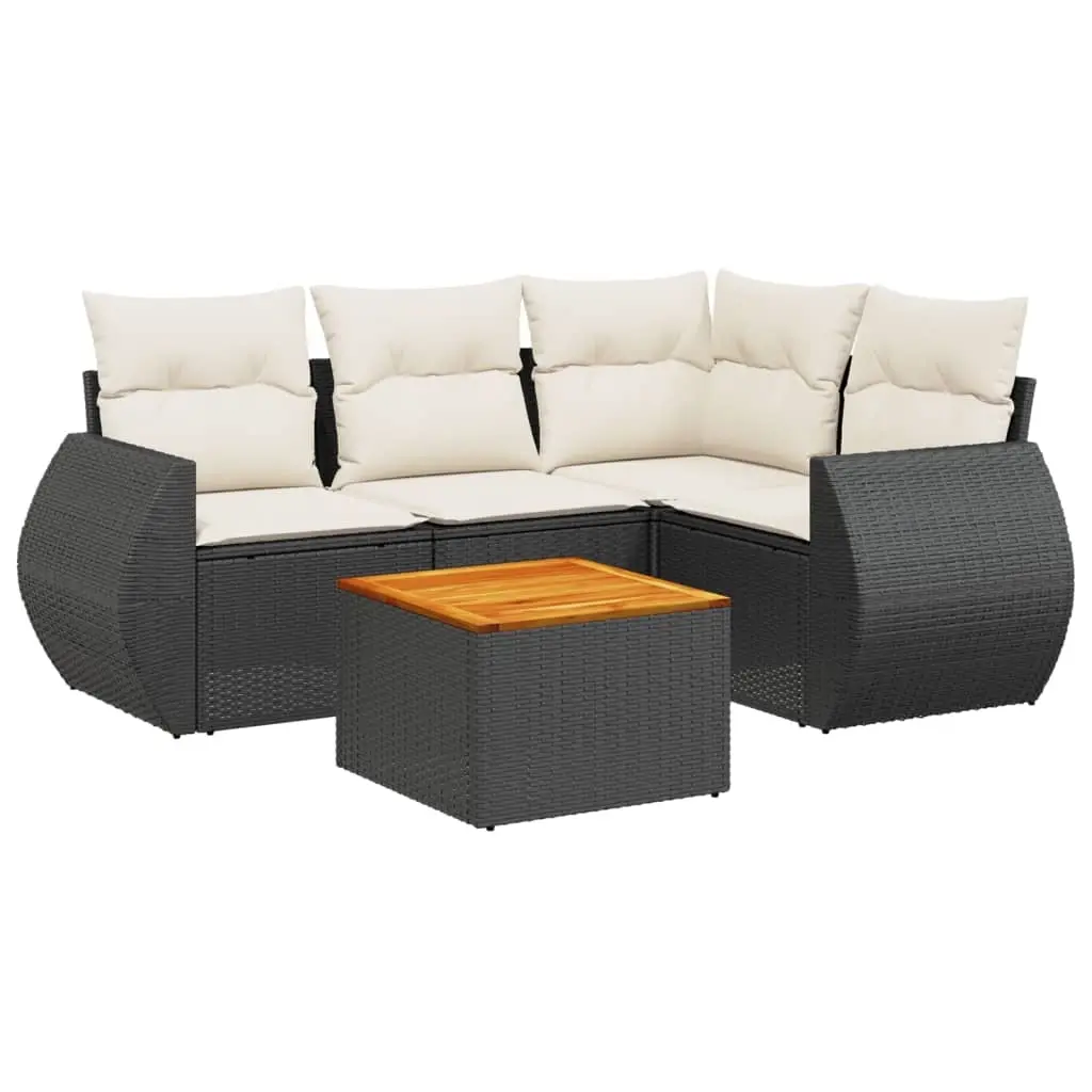 5 Piece Garden Sofa Set with Cushions Black Poly Rattan 3224985 - Furniture