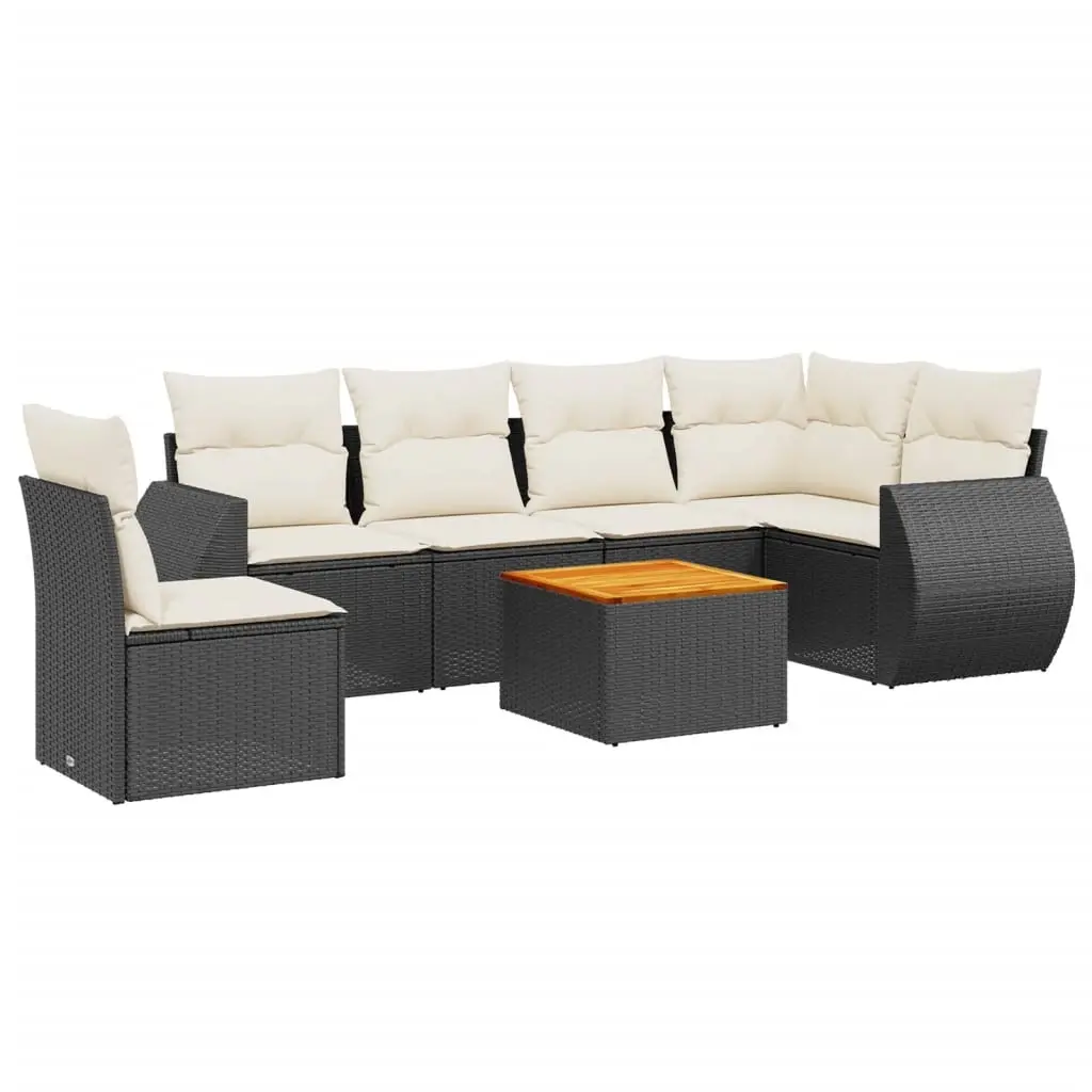 7 Piece Garden Sofa Set with Cushions Black Poly Rattan 3225027 - Furniture