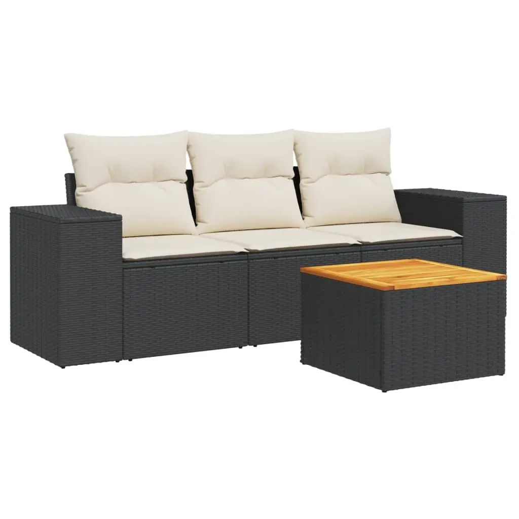4 Piece Garden Sofa Set with Cushions Black Poly Rattan 3225314 - Furniture