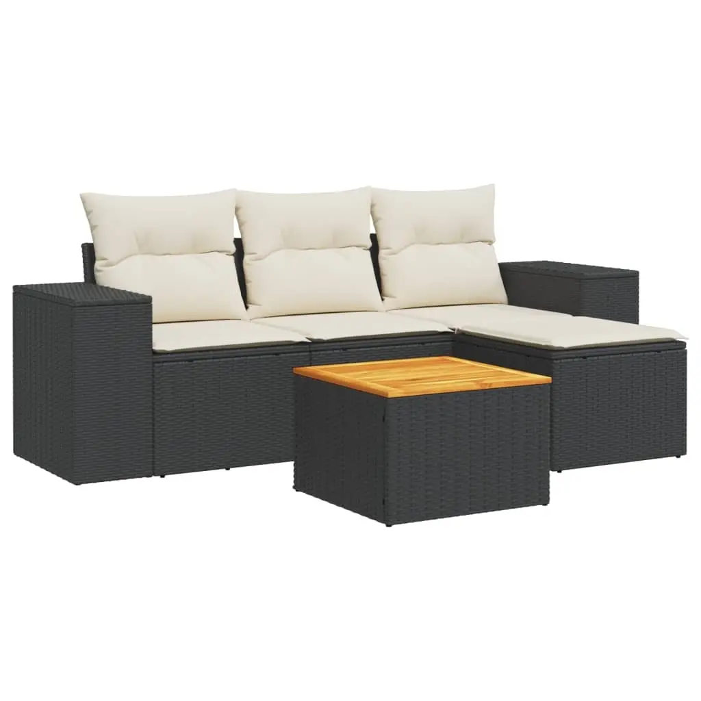 5 Piece Garden Sofa Set with Cushions Black Poly Rattan 3225412 - Furniture