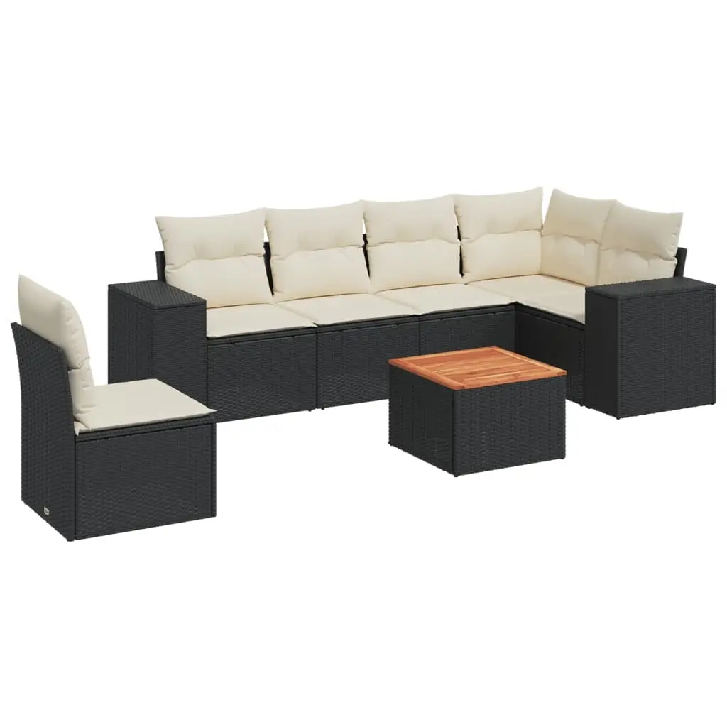 7 Piece Garden Sofa Set with Cushions Black Poly Rattan 3225468 - Furniture