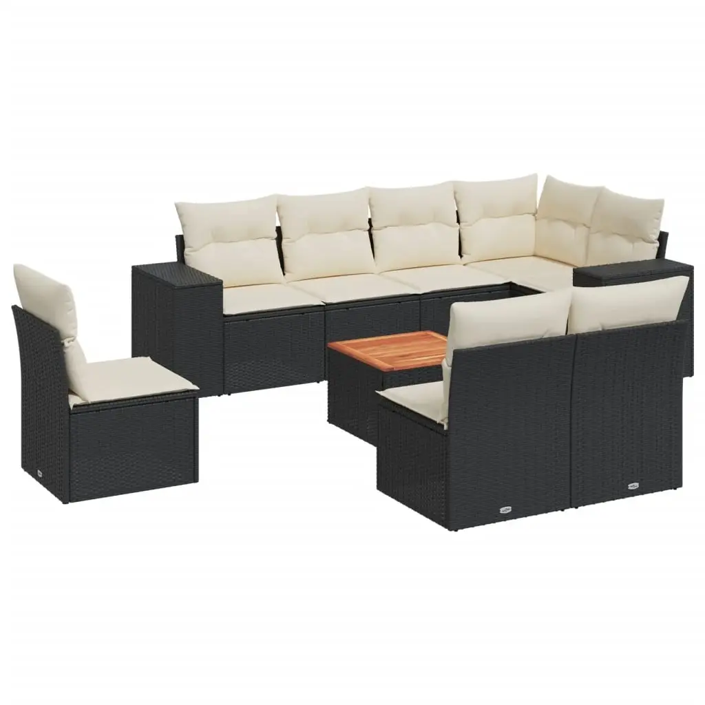 9 Piece Garden Sofa Set with Cushions Black Poly Rattan 3225482 - Furniture