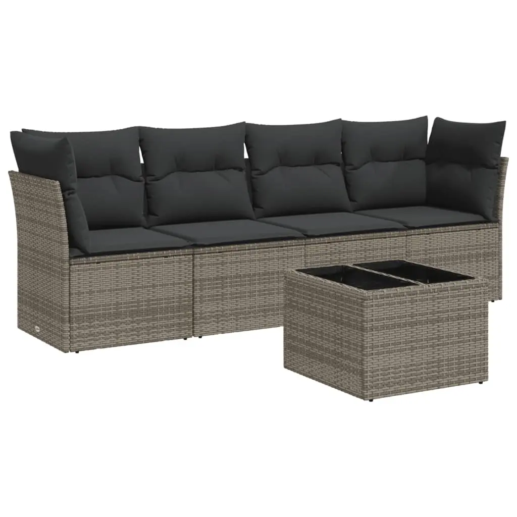 5 Piece Garden Sofa Set with Cushions Grey Poly Rattan 3249079 - Furniture