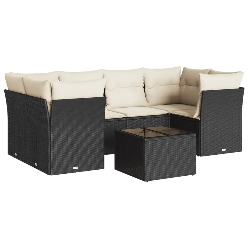 7 Piece Garden Sofa Set with Cushions Black Poly Rattan 3249105 - Furniture