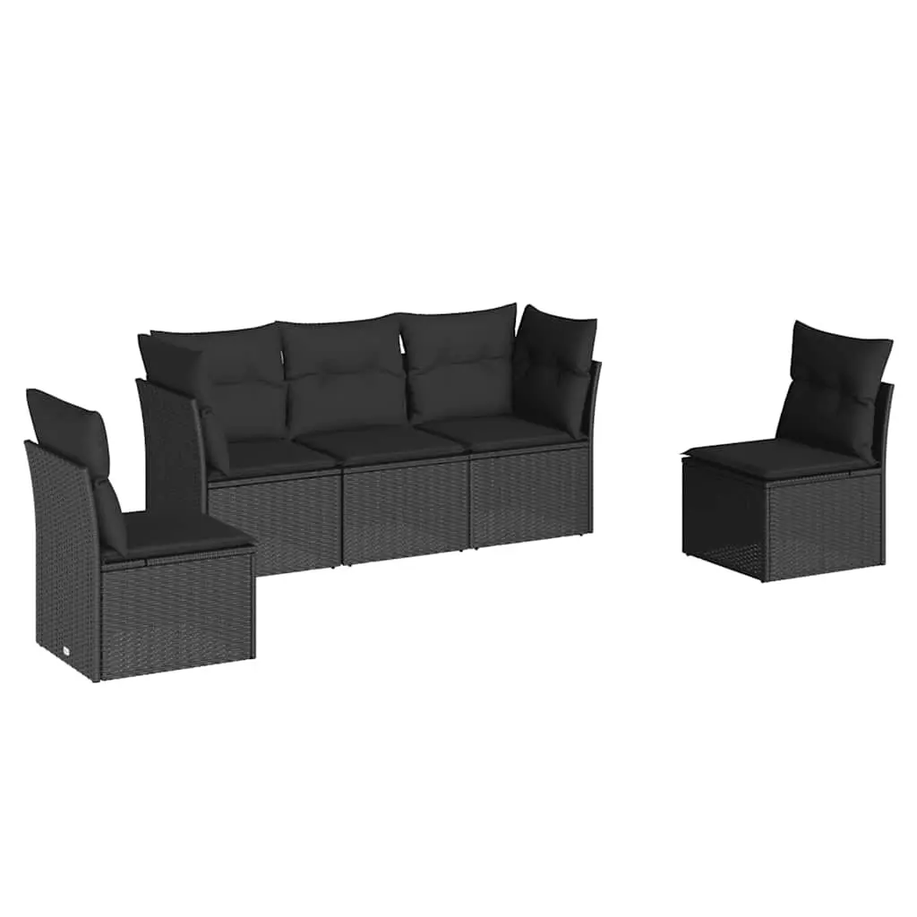 5 Piece Garden Sofa Set with Cushions Black Poly Rattan 3249184 - Furniture