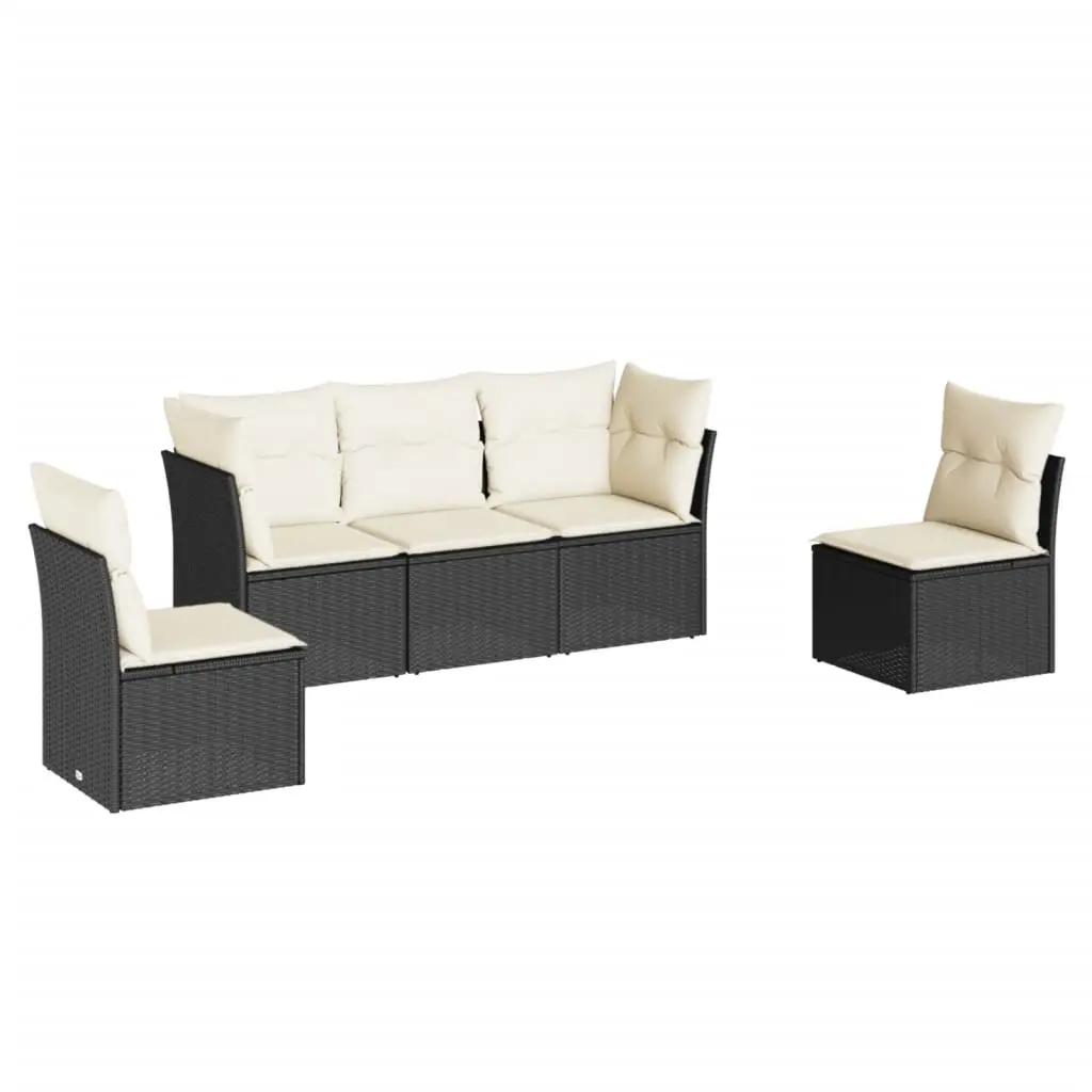 5 Piece Garden Sofa Set with Cushions Black Poly Rattan 3249185 - Furniture