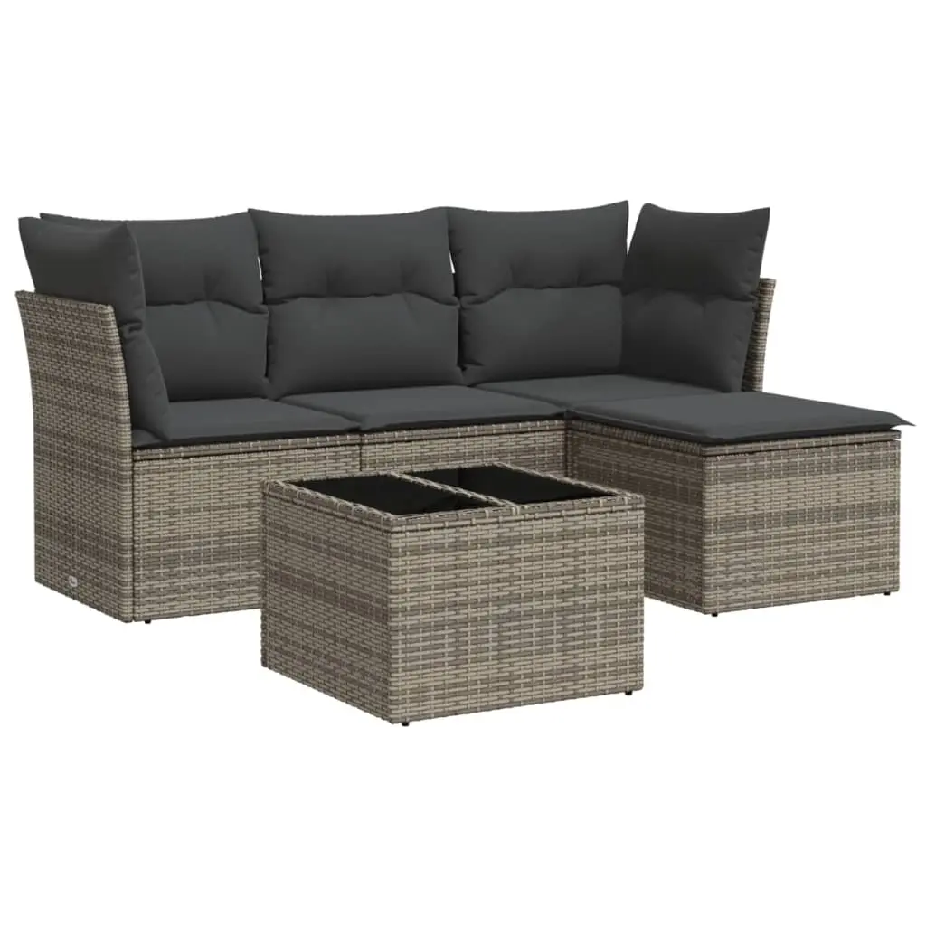 5 Piece Garden Sofa Set with Cushions Grey Poly Rattan 3249389 - Furniture