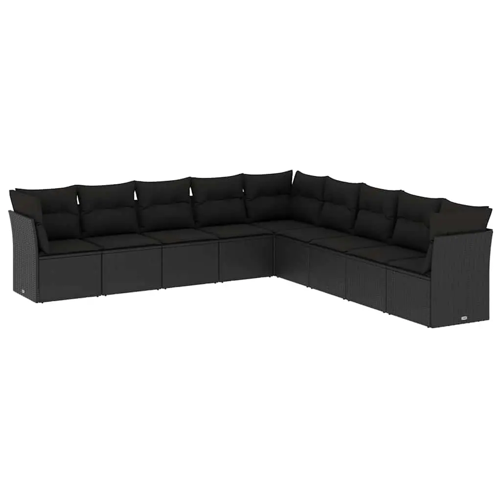9 Piece Garden Sofa Set with Cushions Black Poly Rattan 3249614 - Furniture