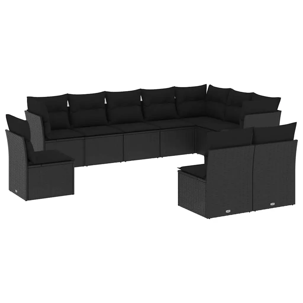 10 Piece Garden Sofa Set with Cushions Black Poly Rattan 3249634 - Furniture