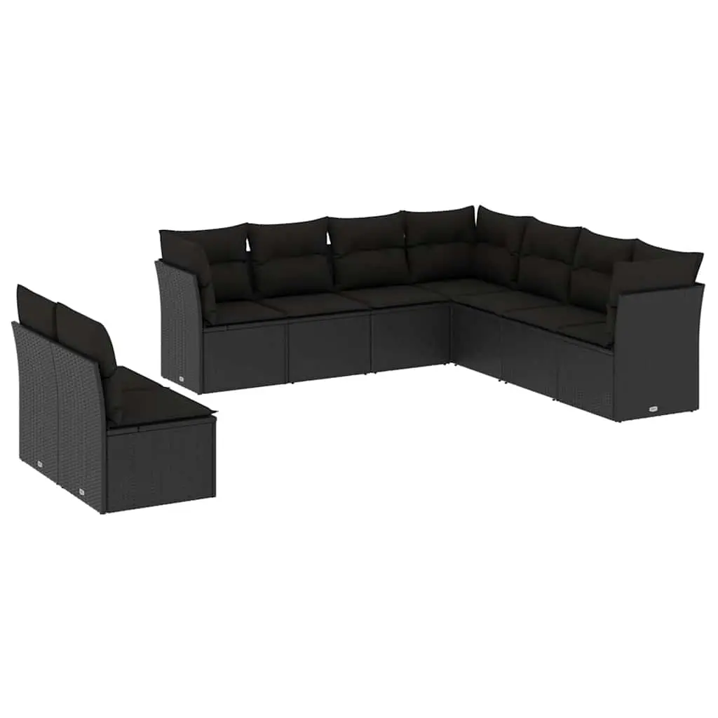 9 Piece Garden Sofa Set with Cushions Black Poly Rattan 3249674 - Furniture