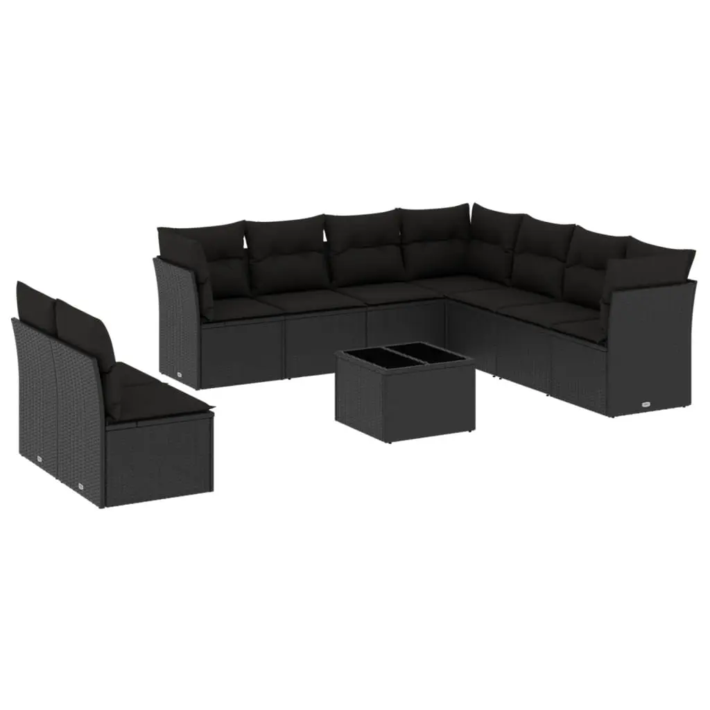 10 Piece Garden Sofa Set with Cushions Black Poly Rattan 3249684 - Furniture