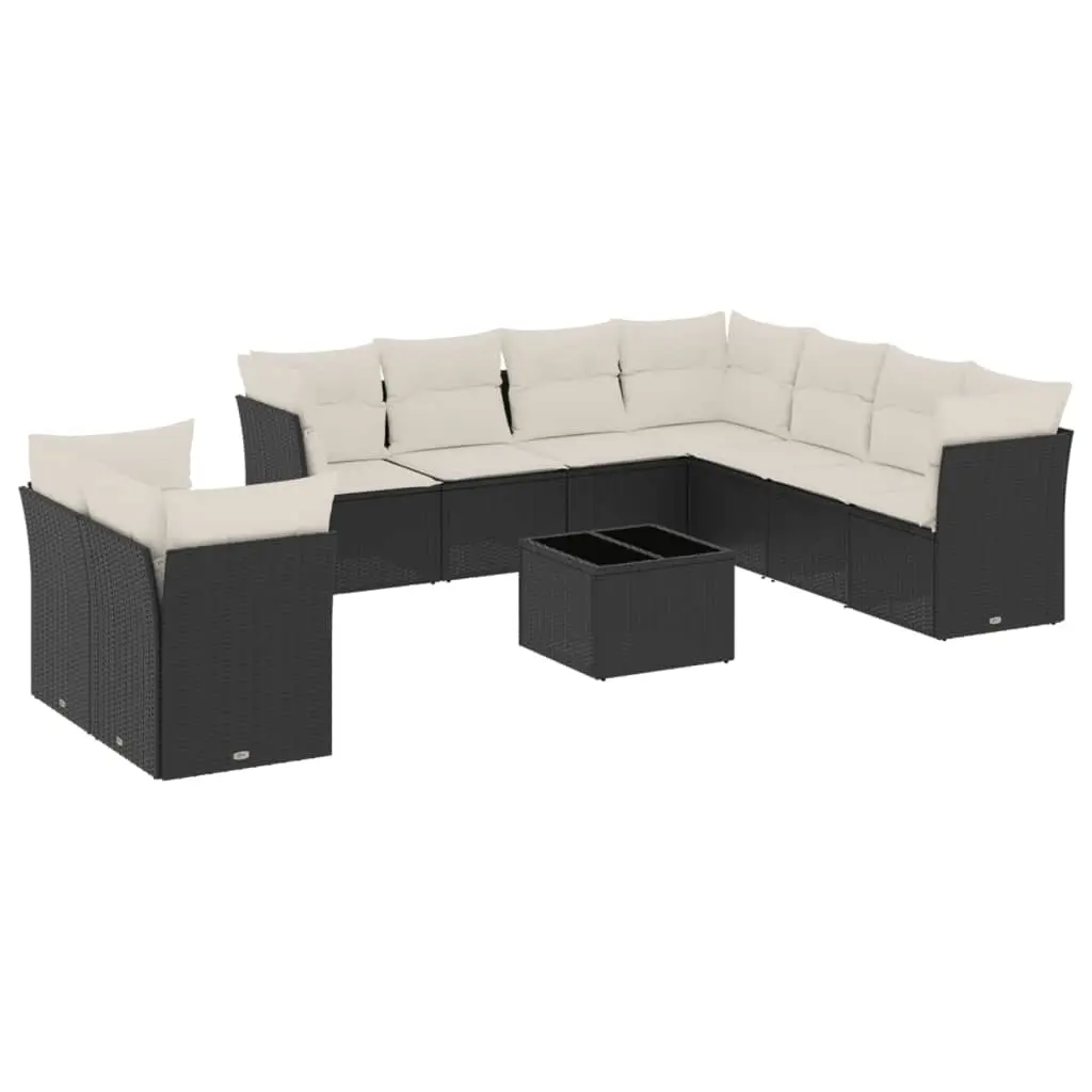 10 Piece Garden Sofa Set with Cushions Black Poly Rattan 3249685 - Furniture