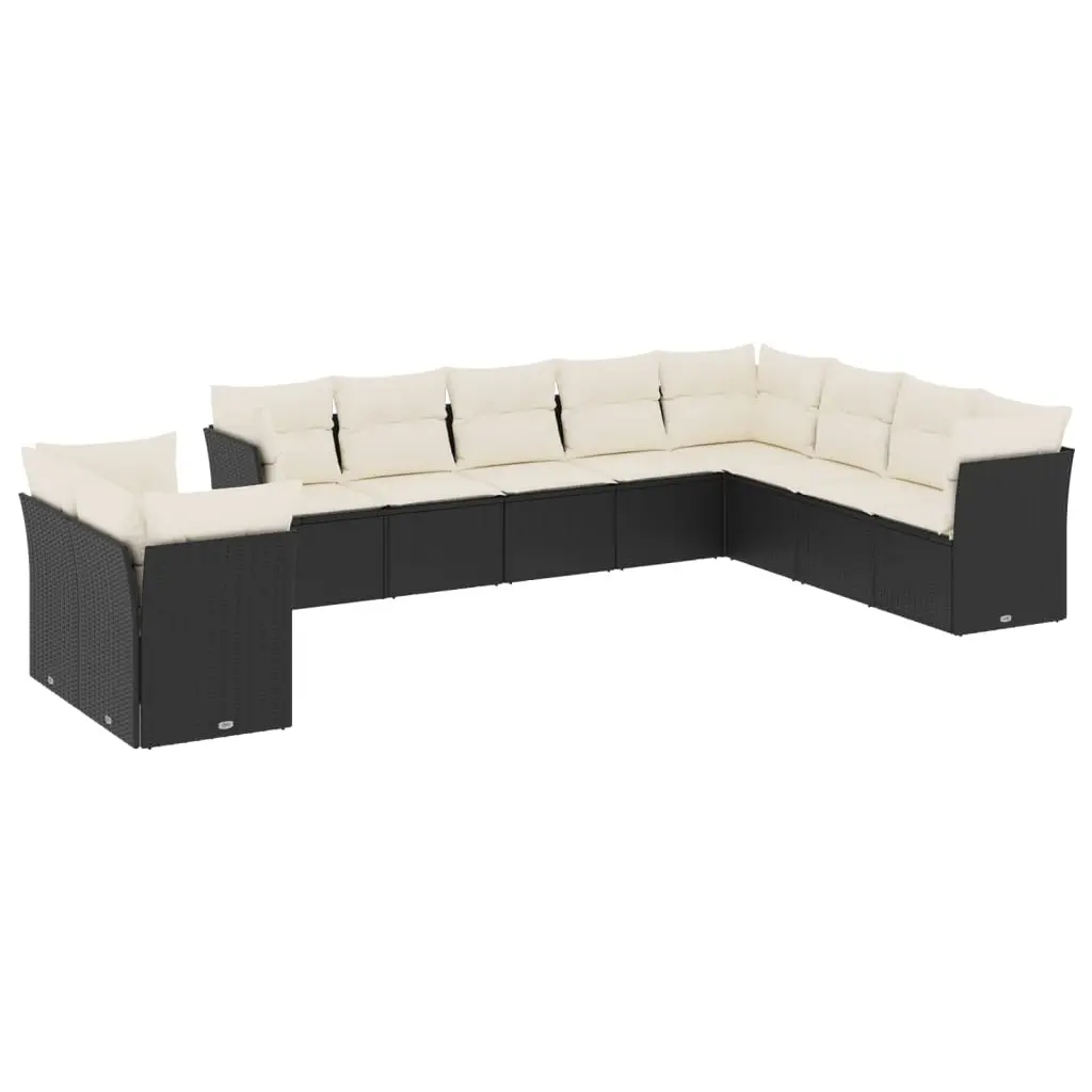 10 Piece Garden Sofa Set with Cushions Black Poly Rattan 3249695 - Furniture