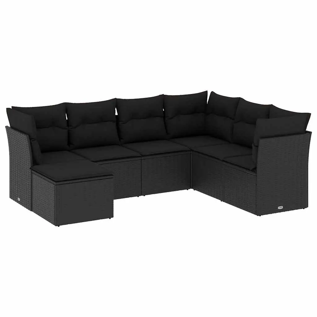 7 Piece Garden Sofa Set with Cushions Black Poly Rattan 3249824 - Furniture