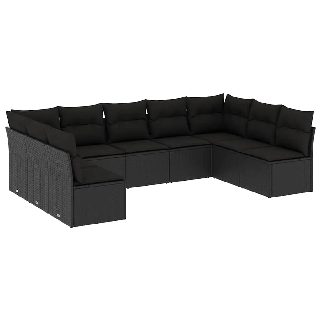 9 Piece Garden Sofa Set with Cushions Black Poly Rattan 3249904 - Furniture