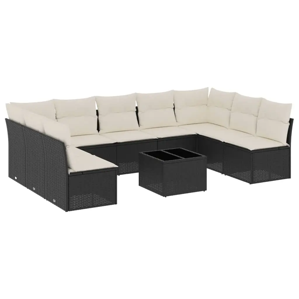 10 Piece Garden Sofa Set with Cushions Black Poly Rattan 3249915 - Furniture