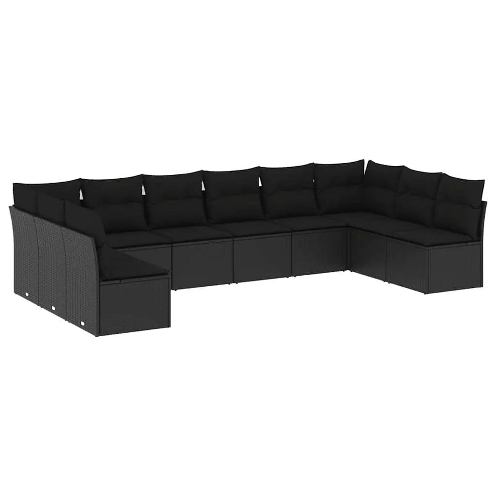 10 Piece Garden Sofa Set with Cushions Black Poly Rattan 3249924 - Furniture