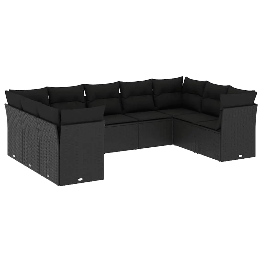 9 Piece Garden Sofa Set with Cushions Black Poly Rattan 3249964 - Furniture